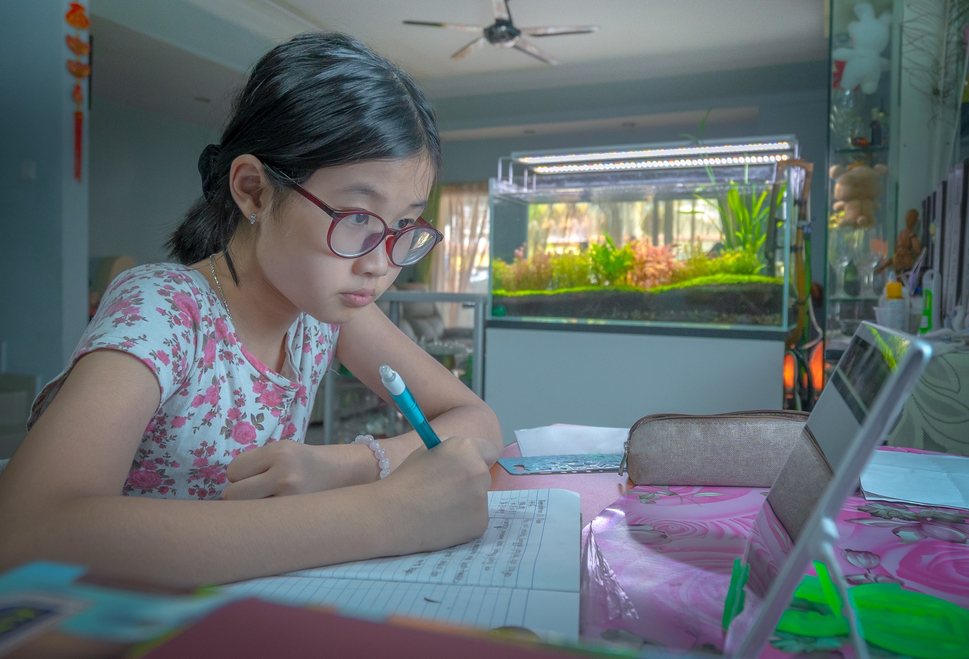 Asian Chinese Female Student Studying Online Class at Home during COVID-19